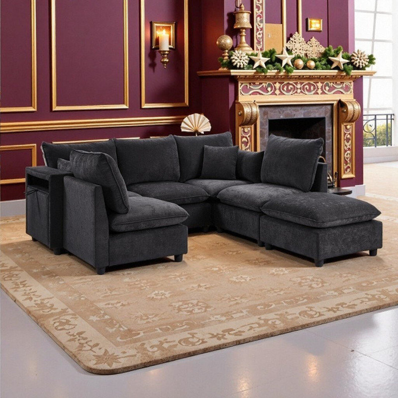 Modular Sectional Sofa With Ottoman & USB Ports Chenille Upholstery, L-Shaped Or U-Shaped Configurable, Black
