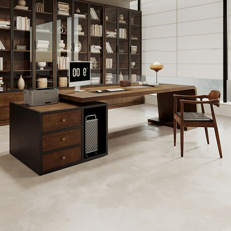Dark-brown+Black Rectangular Solid Wood+Iron desks, 29.53" H x 76.77" W x 31.5" D, Left Hand Return