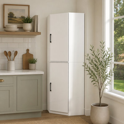 Armoire de coin blanche avec 2 portes, tablettes et organisateurs de porte
