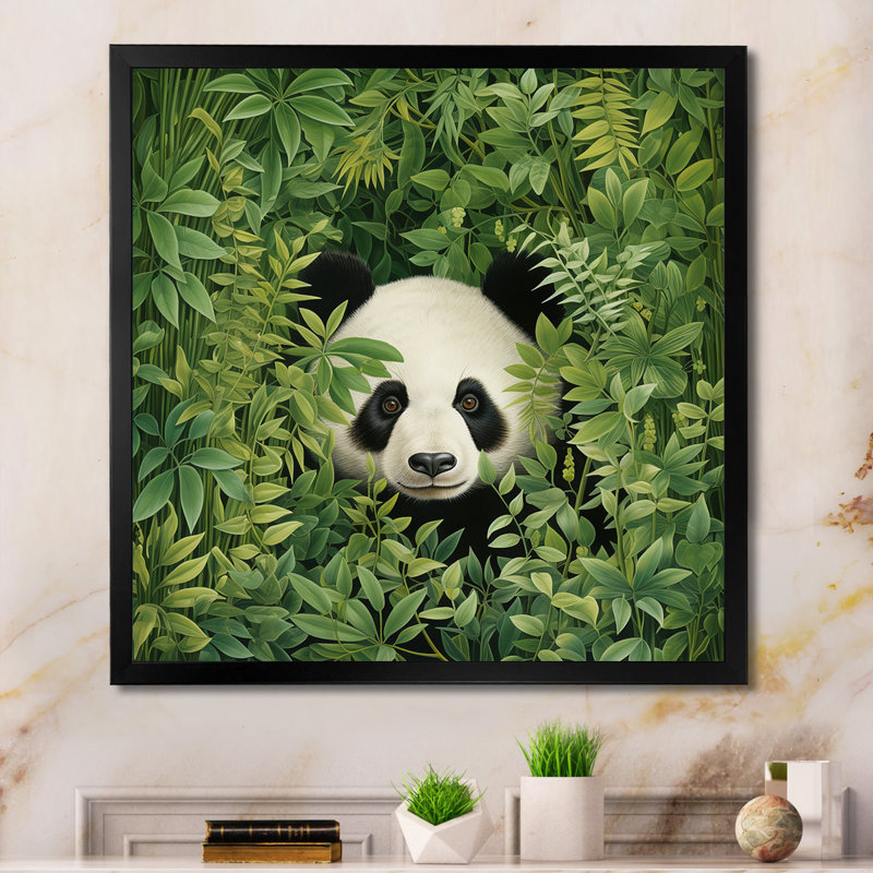 «Foliage Peekaboo Panda I», art mural animal panda, H 30 po x l 30 po x P 1,5 po, Cadre simple noir