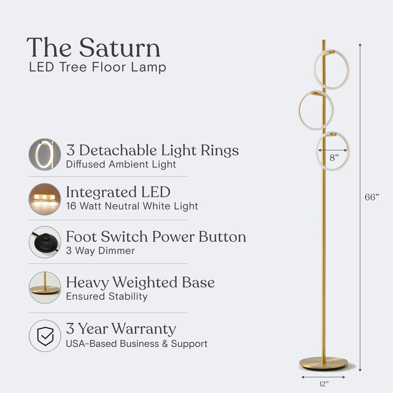 Saturn 66 in. Modern LED Floor Lamp with 3 Ring Lights, Gold Finish, and Built-In 3-Way Touch Dimming, Gold