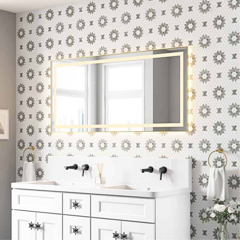 Miroir de salle de bain à DEL de 60 po de long avec avant et rétroéclairage, brouillard, 3 températures de couleur, gradation continue, cadre en aluminium pour un reflet fonctionnel et or brossé transparent sans distorsion