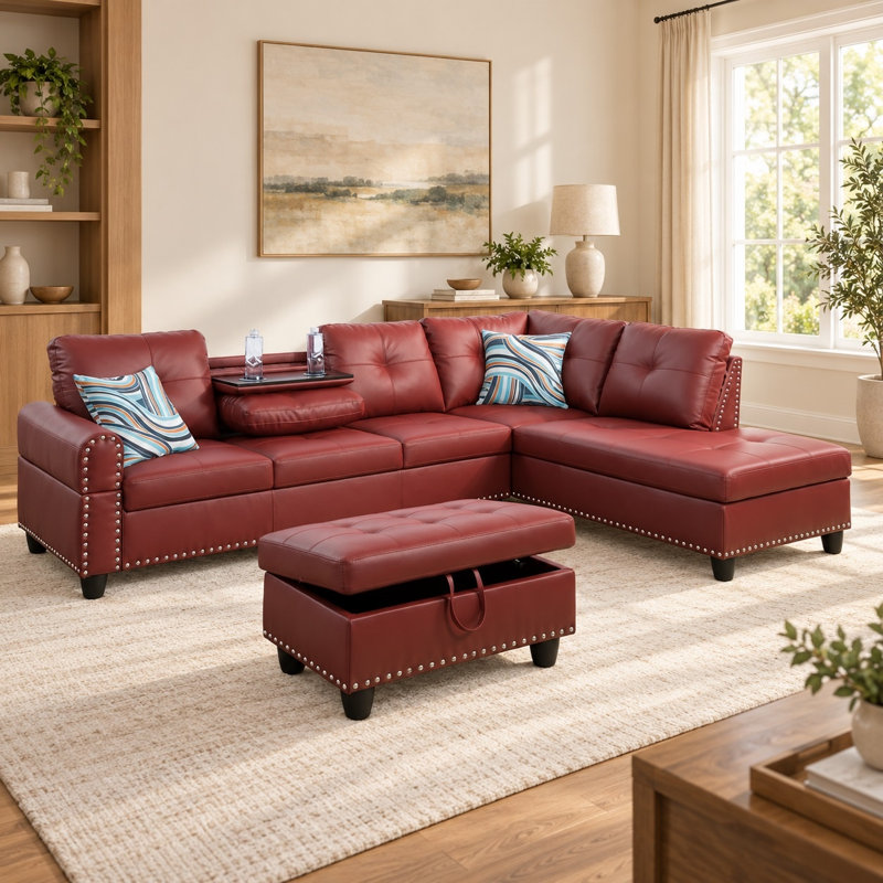Canapé modulaire en similicuir rouge avec repose-pieds, Similicuir rouge, Orienté à droite
