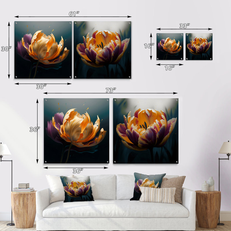 «Yellow Graceful Tulip I» - Ensemble de 2 tulipes murales en acrylique, H 16 po x l 33 po