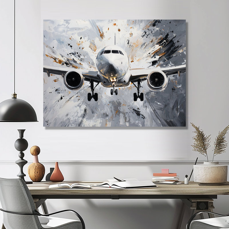 Aquarelle, avion, atterrissage sur la piste I - Avion, décoration murale en métal, impression moderne sur métal