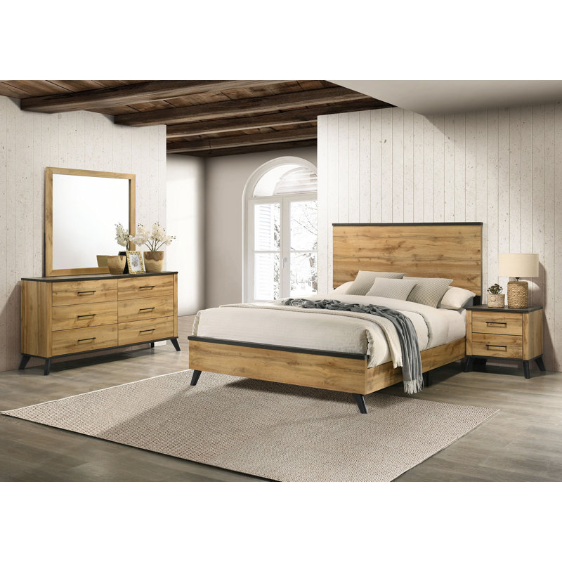 Ensemble de chambre avec grand lit 4 pièces Falu Pin naturel, Grand, 4 Pcs: Dresser; Mirror; Bed; Nightstand