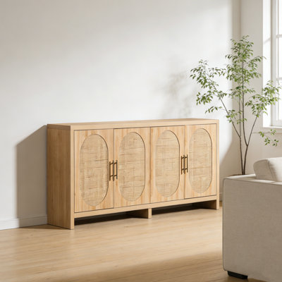 Oak 70''W Sideboard With Genuine Rattan With 4-Door