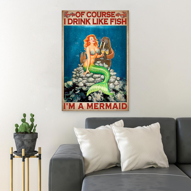 Sirène buvant du vin - Of course I Drink Like Fish I'm A Mermaid - 1 pièce, impression d'art graphique rectangulaire sur toile tendue