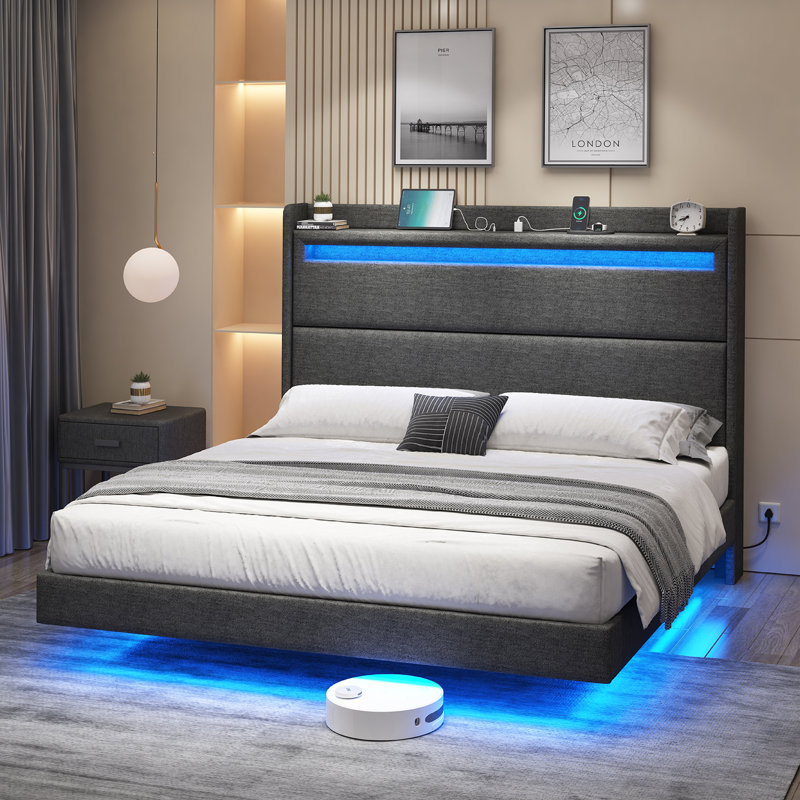 Floating Bed Frame with LED Lights, Upholstered Platform Bed, Dark Gray, Full / Double