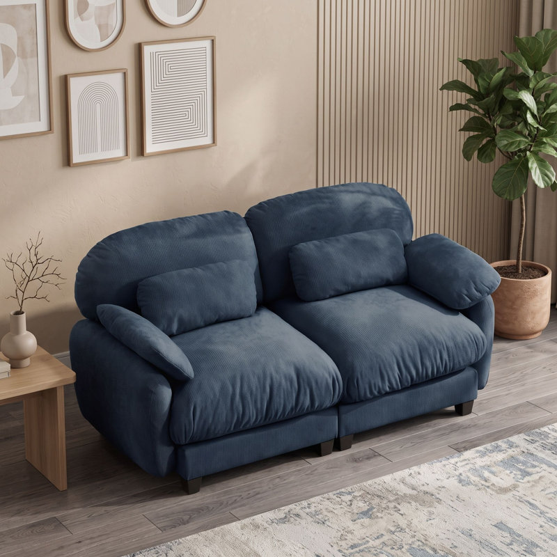 Canapé modulable 2 places en chenille avec assises profondes, coussins en mousse haute densité et ressorts, Bleu