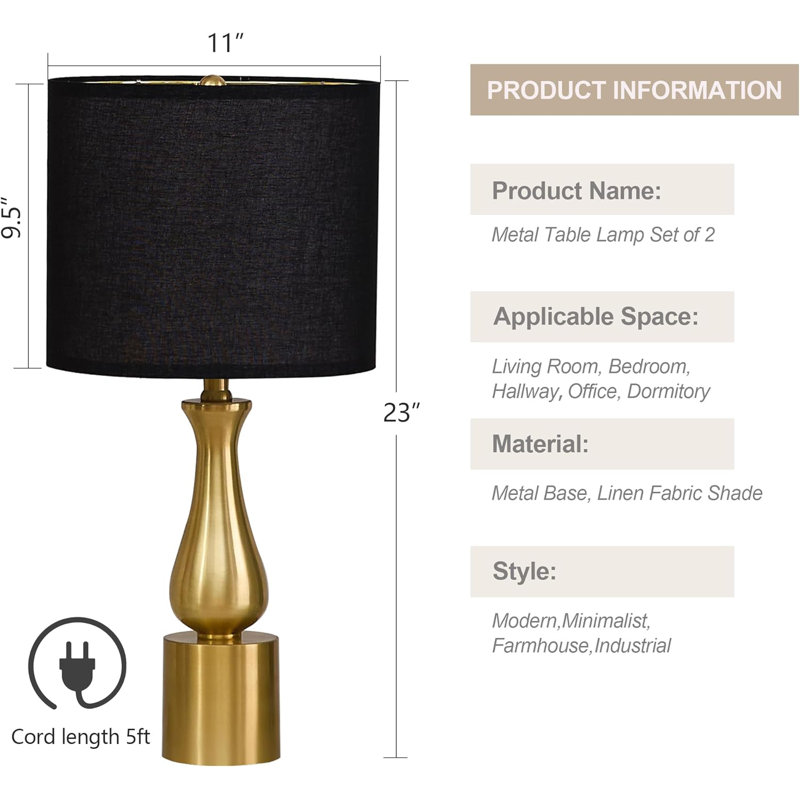 Modern Black And Gold Table Lamps Set Of 2 For Living Room, Bedroom, Nightstand, End Table, Or Small Spaces With Linen Lampshade - Mid-Century Minimalist Design