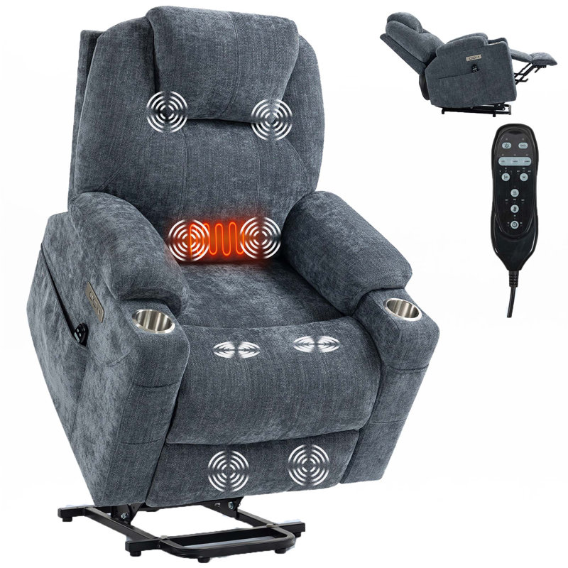 Up To 350 LBS Chenille Power Lift Recliner Chair, Heavy Duty Motion Mechanism With 8-Point Vibration Massage And Lumbar Heating, USB And Type-C Ports, Stainless Steel Cup Holders