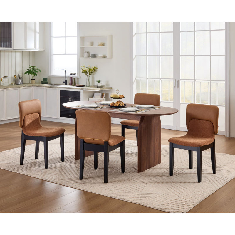 Modern Patchwork Upholstered Armless Dining Side Chairs, Contemporary PU Leather & Chenille Accent Chairs with Solid Wood Legs, Ergonomic Dining Chair for Kitchen Living Room