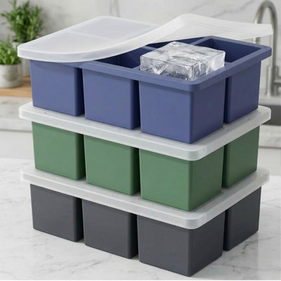 3-Piece Silicone Large Square Ice Tray Set of 2" Cubes with Covers, Grey/Green/Blue