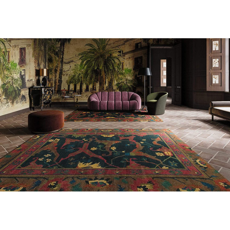 Wool Oriental Area Rug in Blue/Orange/Navy, Square 8'