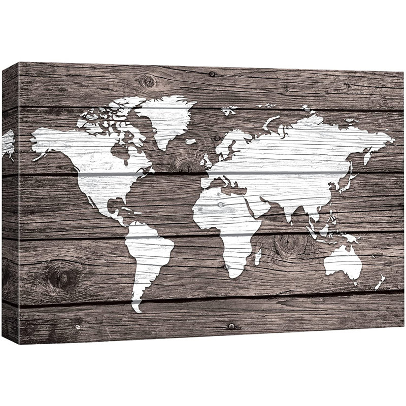 «World Map on White Wood Panels Places Country», reproduction d'art sur toile tendue, H 12 po x l 18 po x P 1,5 po