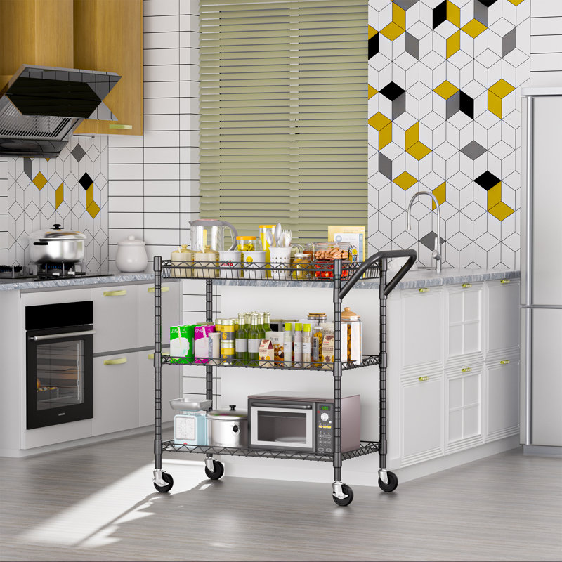 3tier Heavy Duty Rolling Utility Cart, H,commercial Grade Metal Cart ,trolley Serving Storage Cart For Kitchen., Black