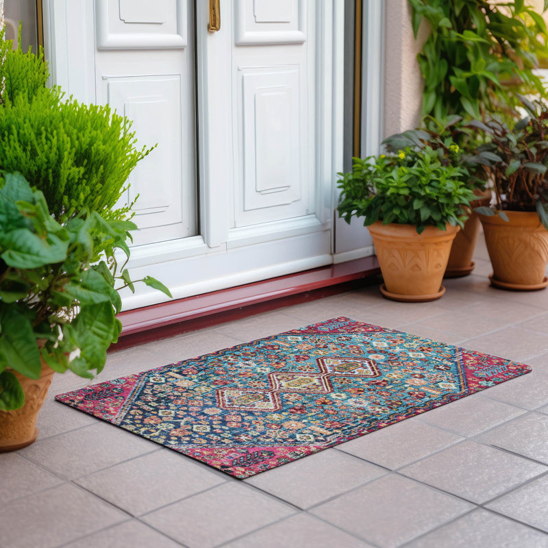Machine Washable Indoor/Outdoor Xhevrie Teal Rug, Rectangle 1' 8" x 2' 6"