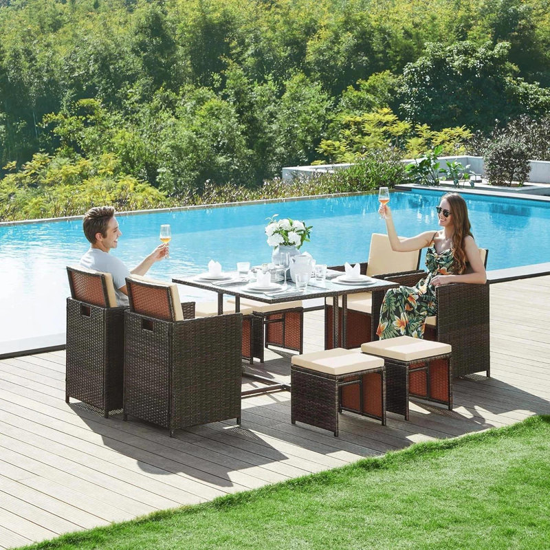9 Pieces Rattan Garden Furniture Set Wicker Chairs Sofa Table For Outdoor Patio, Brown
