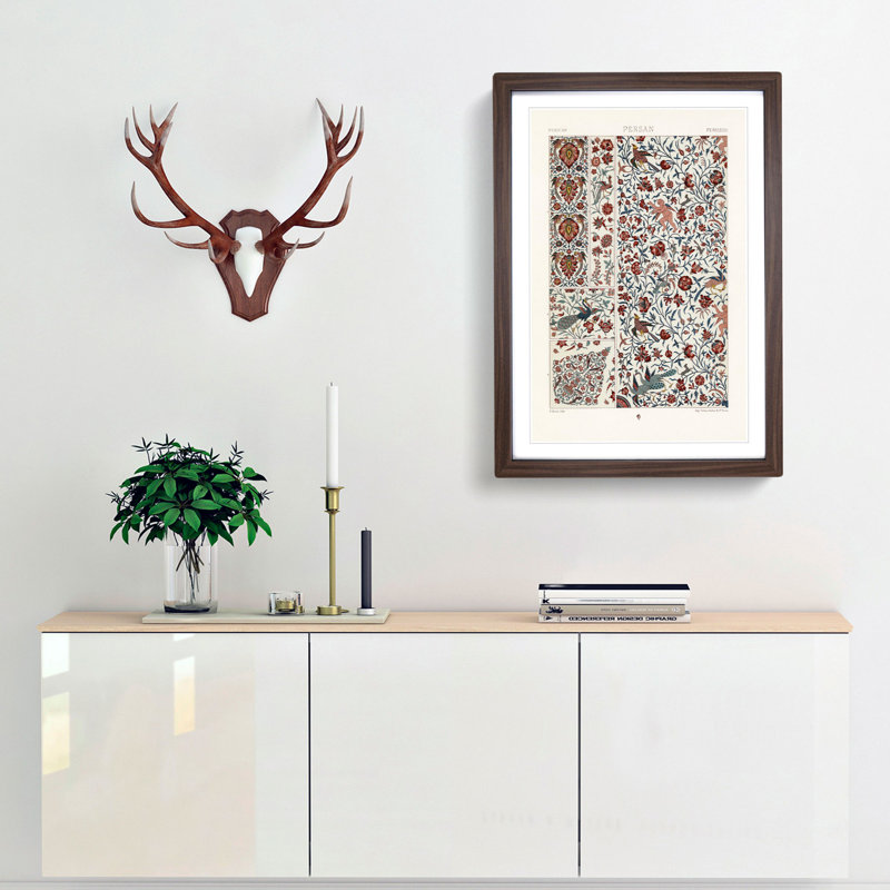 Persian Flowers & Birds Pattern by Albert Racinet - Picture Frame Painting Print, 36cm H x 27cm W x 2cm D, Walnut Framed