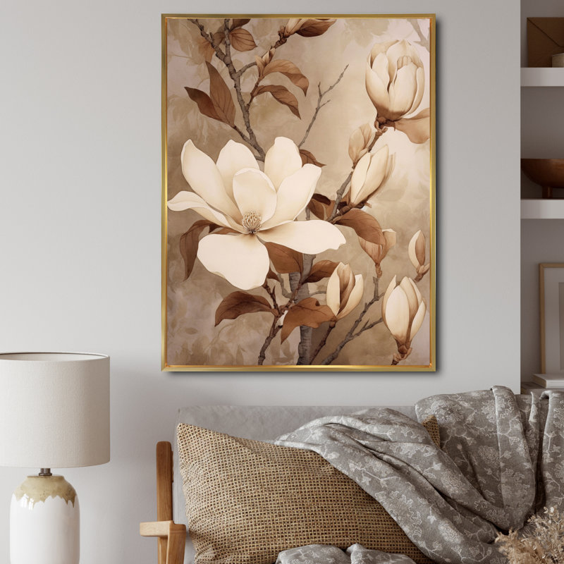Blanc blanc brun Magnolias nature sérénité - art mural floral, H 20 po x l 12 po x P 1 po, Cadre flottant doré
