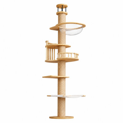 Extra Tall Wooden Cat Tree with Sisal Scratching Post, Multi-Level Cat Tower with Perches and Hideaway Space for Large Indoor Cats