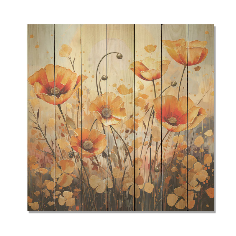 Yellow And Green Poppy Meadows III - Poppies On Wood Print, 15" H x 15" W
