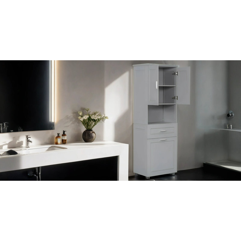 Tall Bathroom Cabinet With Laundry Basket, Large Storage Space Tilt-Out Laundry Hamper And Upper Storage Cabinet, Gray