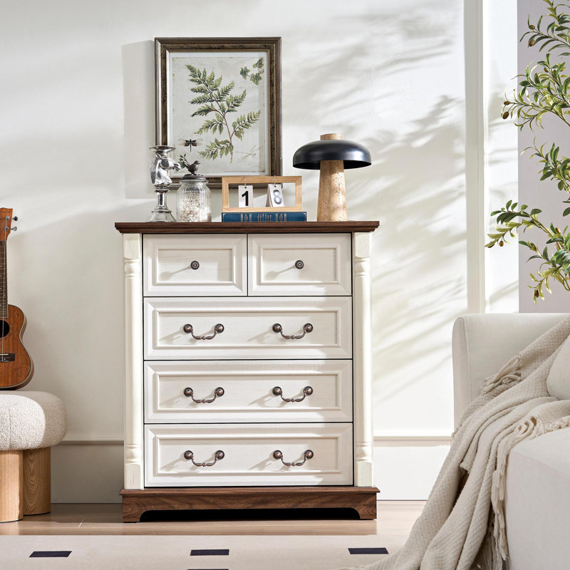 Commode à 5 tiroirs style campagnard avec base en bois rustique