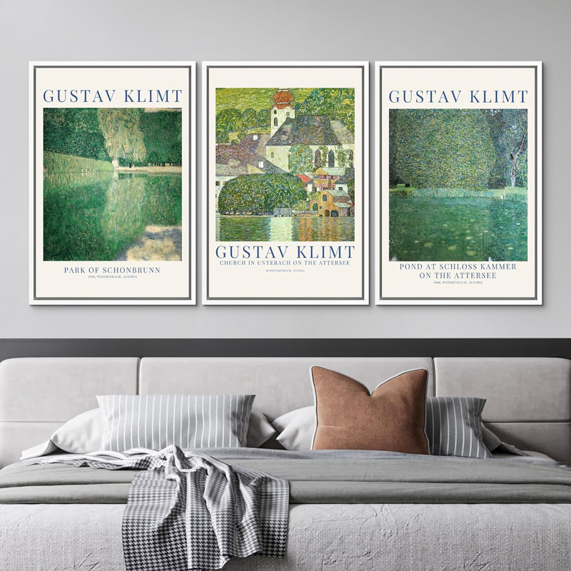 Classical Artwork " Gustav Klimt Vincent Van Gogh " 3 - Pieces, White, 36" H x 24" W x 1.5" D