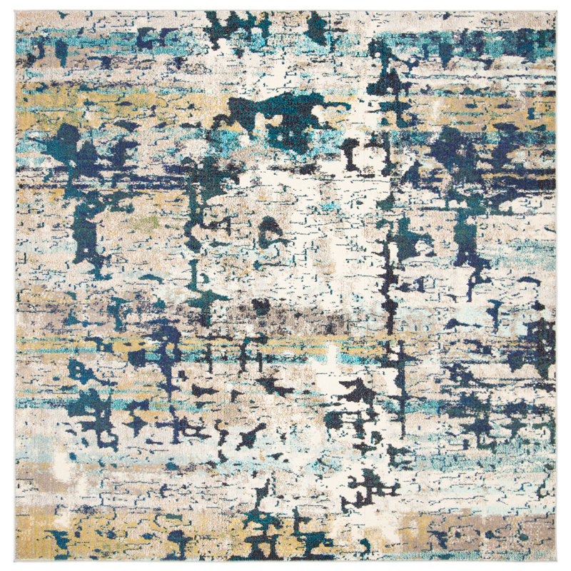 Felty Abstract Cream/Blue Area Rug, Square 3'
