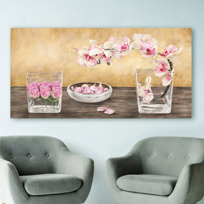 Orchids And Roses Arrangement by Remy Dellal - Wrapped Canvas Print