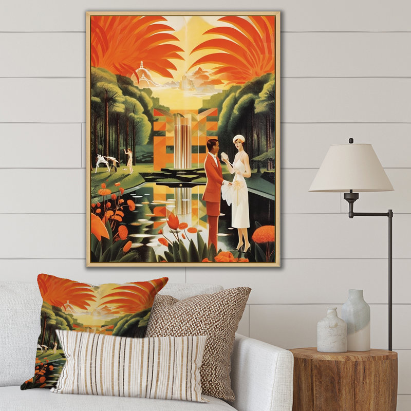 Art Deco Lady In White Cosmopolitan Adventure On Canvas Print, 32" H x 16" W x 1" D, Maple Floater Framed
