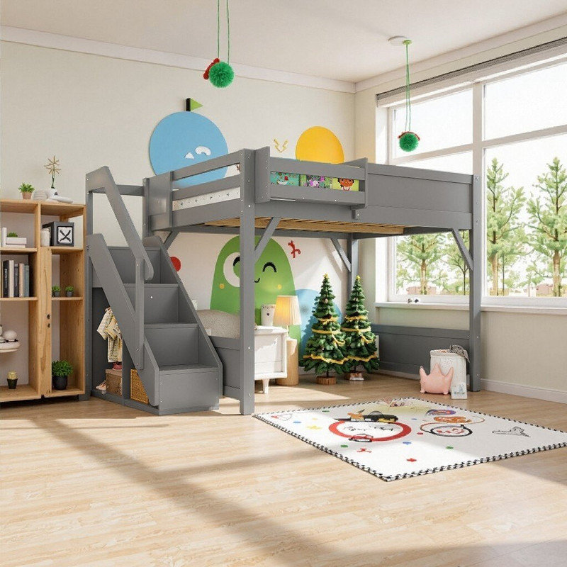 Twin\Full Size Solid Wood Loft Bed With Built-in Wardrobe Storage Shelves & Stairs, Full, Gray