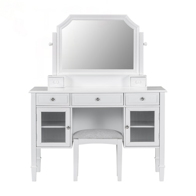 Bureau de coiffeuse avec miroir réglable, tiroirs et tabouret Laneah