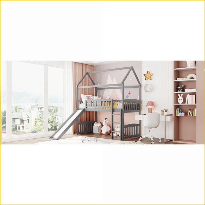 Twin Size Pinewood Loft Bed with Slide Gray - Sturdy Frame No Box Spring Needed