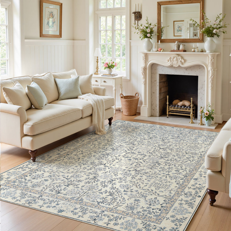 Floral Machine Washable Area Rug, Rectangle 6' x 9', Blue