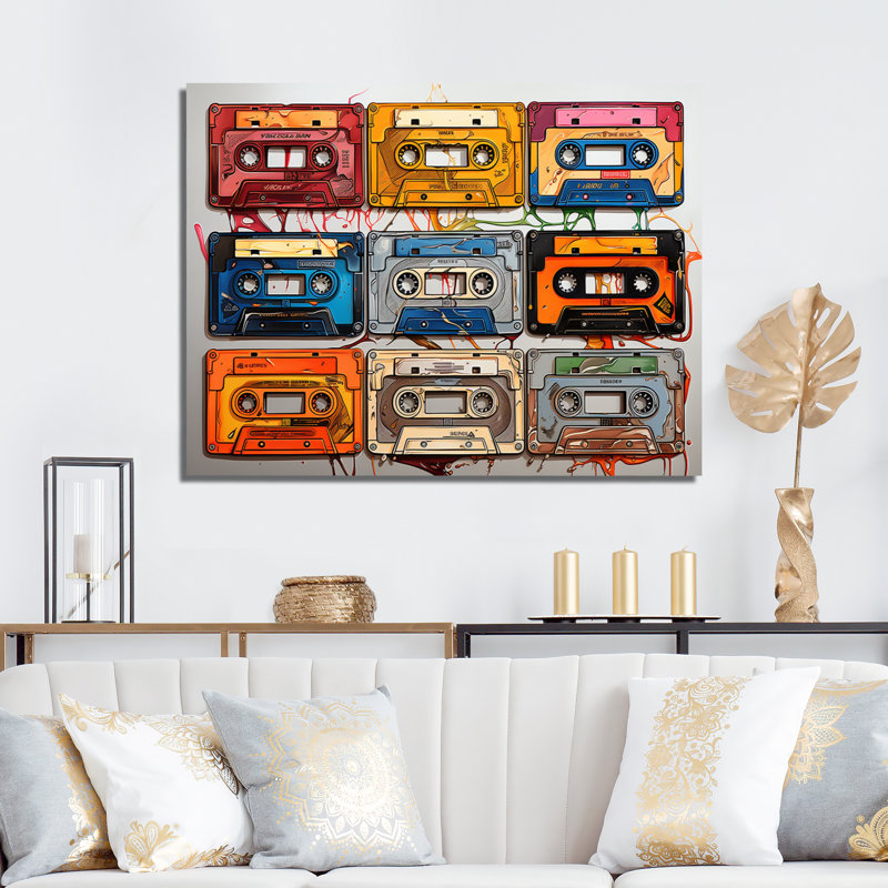 Popart Cassette Tapes I, reproduction d'art sur toile, Cadre flottant noir, H 34 po x l 44 po x P 1,5 po