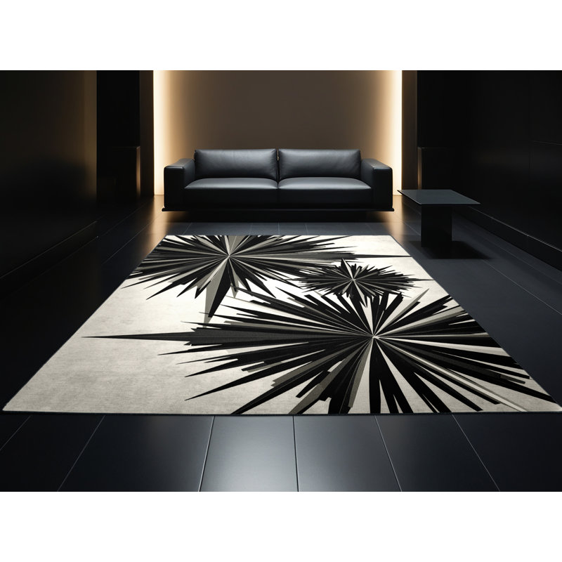 Machine Washable Penola Art Deco Starburst Rug in Gray – Black Binding, 7' Square