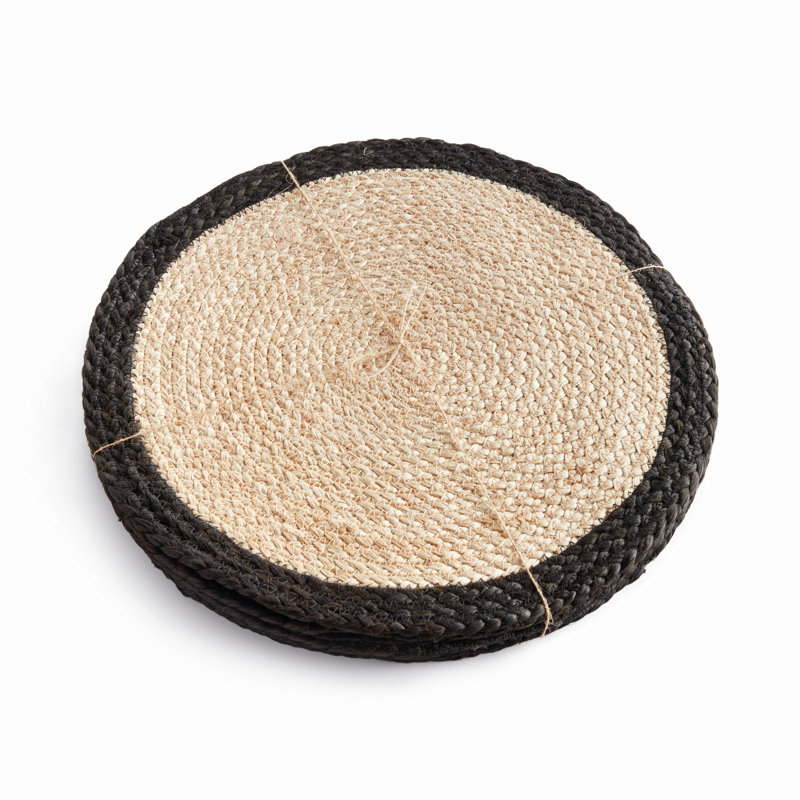 Napperon rond en jute, ensemble de 8, Noir / brun clair