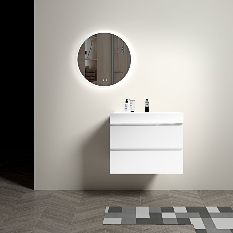 Meuble-lavabo simple mural Rosamond avec plateau en pierre reconstituée, Blanc, Blanc