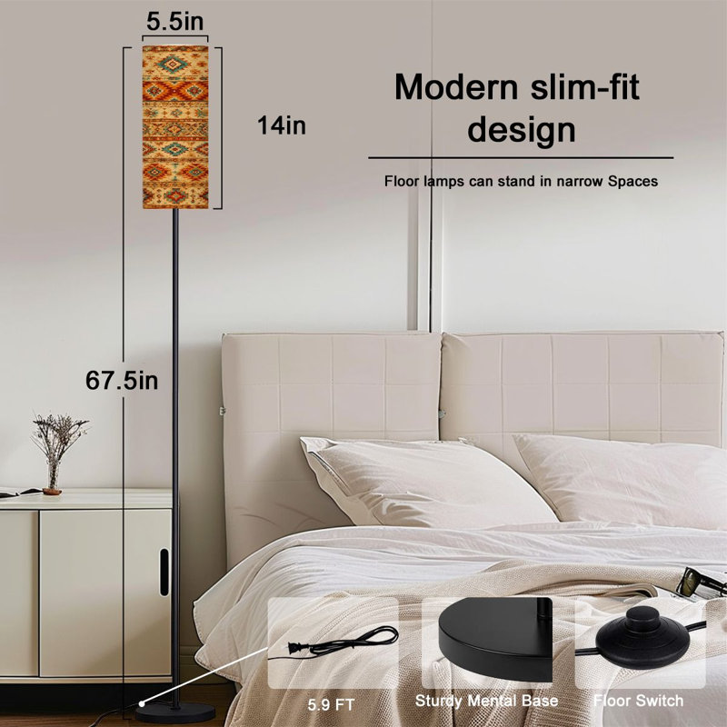  68.5" Standing Floor Lamp Native american indian ornament geometric ethnic textile tribal aztec Dimmable Metal Pole Lamp with Linen Lampshade LED Bulb Included