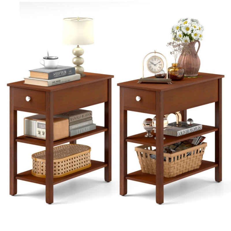  2 PCS Narrow End Tables w/Drawer Shelves & Rubber Wood Legs Sofa Side Table