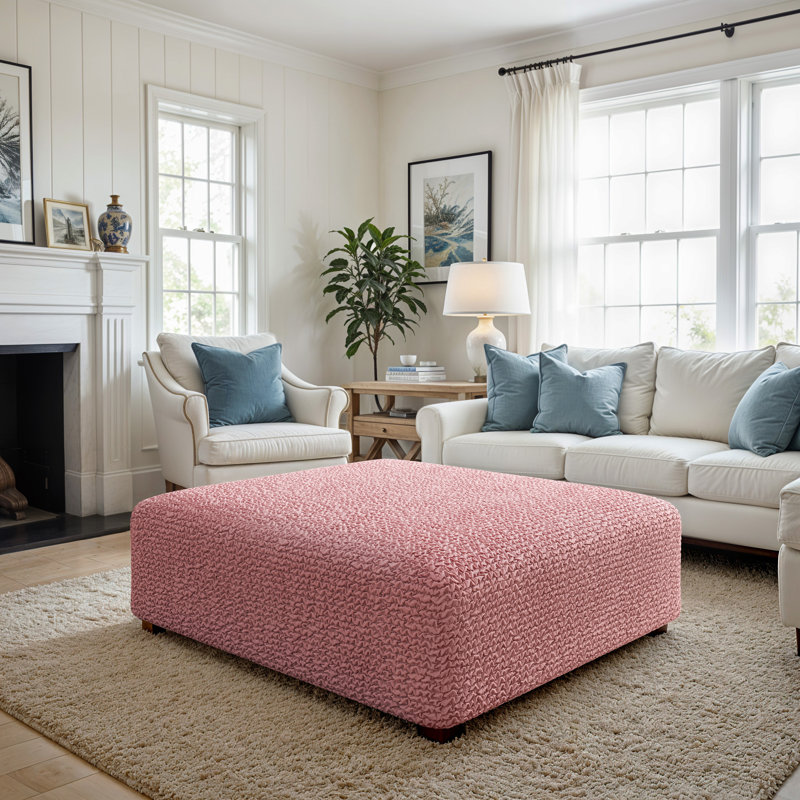 Stretchy Slipcover for Ottoman - Easy to Clean & Durable - Comfort Collection, Large, Pink 