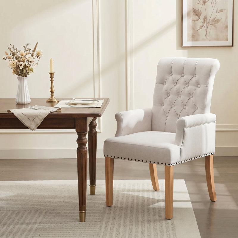 Chaise de salle à manger rembourrée avec accoudoirs en tissu Amdad, Tanné, Naturel, Lin