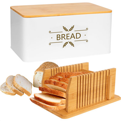 3 In 1 Bread Slicer For Homemade Bread With Box, Metal Bread Storage Container, Foldable Slicer Guide For Kitchen Countertop.(White)