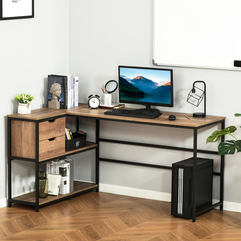 Bureau en L de style industriel avec 2 tiroirs, rangement - noir / brun Options intelligentes brun, cadre en acier noir pour un travail efficace