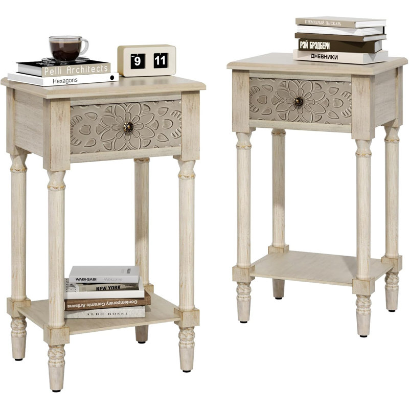 Tier End Table With Open Shelf, MDF Bedside Table With Pattern Carved Drawer, Accent Table Rustic Wood Night Stand For Bedroom, Living Room, Light Grey