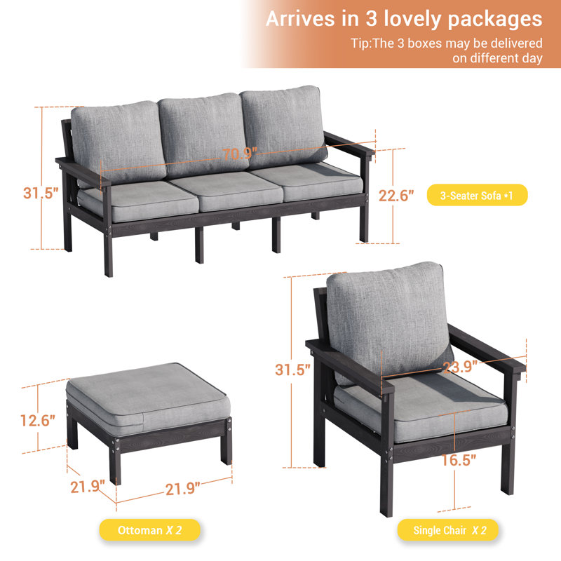 5-Piece HIPS Patio Furniture Set with Detachable Cushions, Ergonomic Design Outdoor Sectional Sofa Couch with Ottoman, Easy Assembly Patio Furniture Set for Patio, Yard, Garden