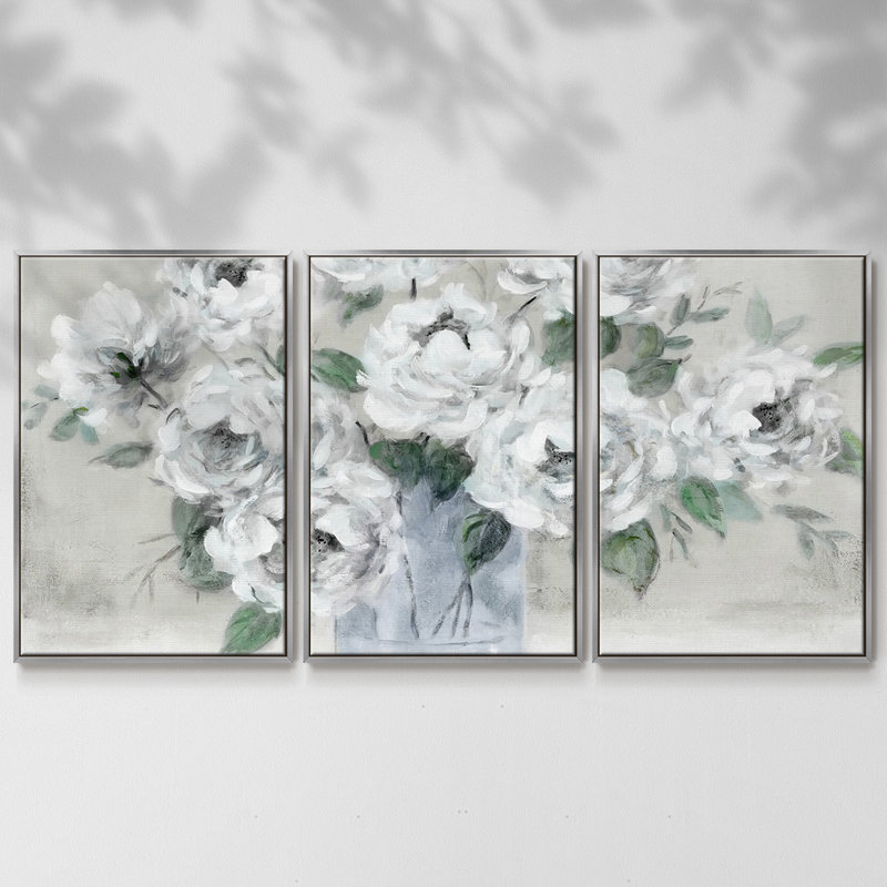 Tender White Roses, reproduction encadrée sur toile 3 pièces, Argent